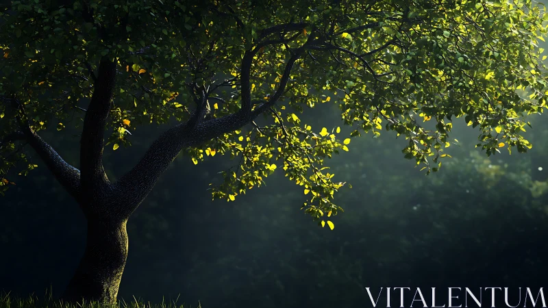 Lateral tree canopy in raking forest light, high contrast study.