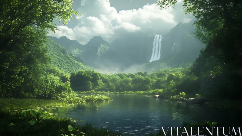 Lush mountain valley waterfall above reflective forest lake.