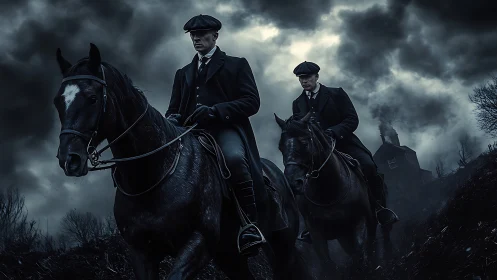 Two stern riders on dark horses under stormy skies.