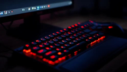 Moody red-lit gaming keyboard in a softly shadowed desk scene.