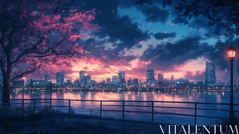 City skyline reflects across river under vivid dusk sky