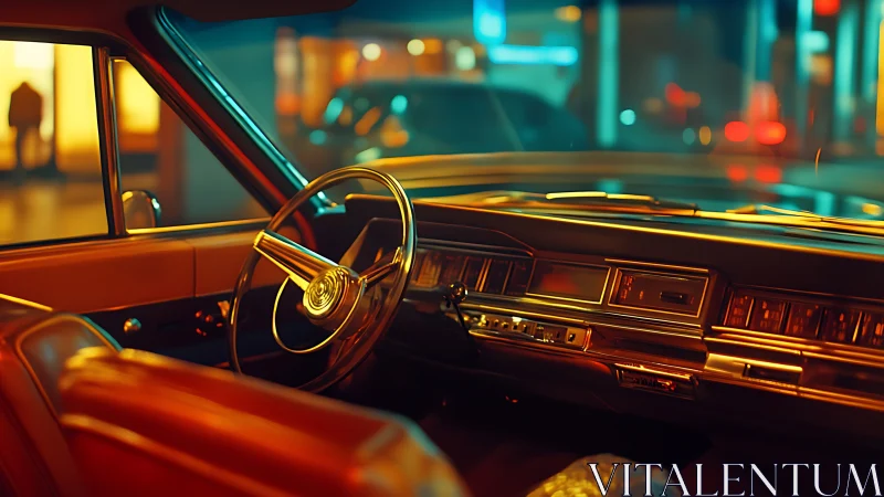 Warm night drive inside a vintage car, city lights glowing.