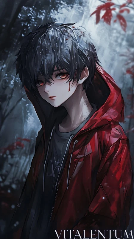 Boy in red hooded jacket stands injured in dark forest
