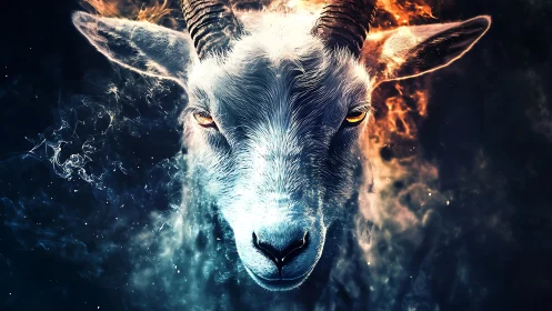Mythic goat portrait with fire and ice dual-color aura.