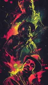 Neon triptych portrait with expressive splatter composition.