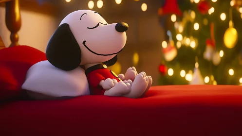 Cartoon beagle resting on bed amid soft bokeh lights at night