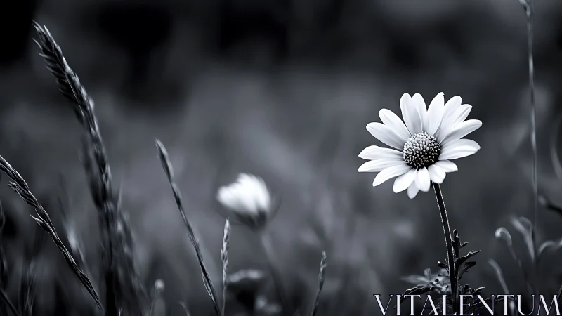 Monochrome daisy close-up in soft blurred meadow field.