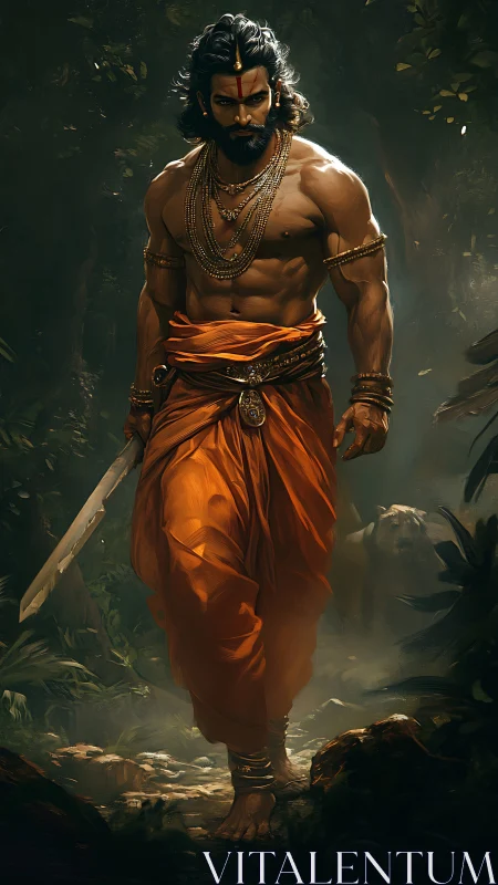 Warrior sage in orange robes walking through jungle path.
