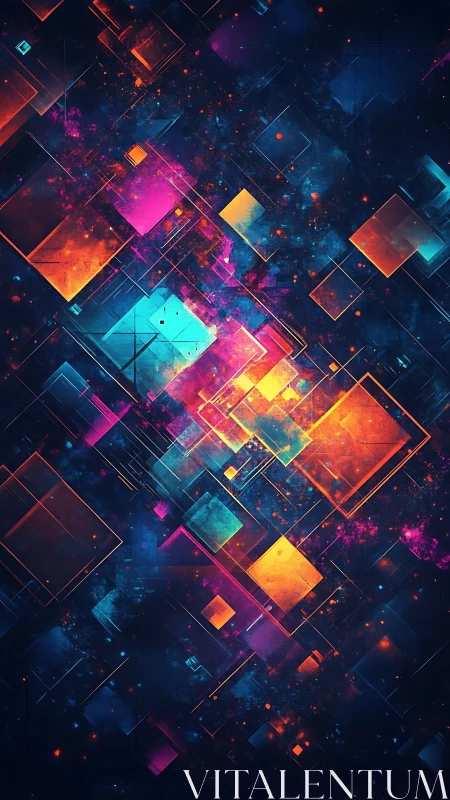 Geometric neon squares on dark abstract digital background.