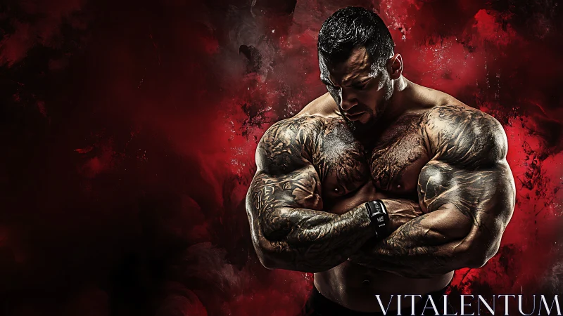 Tattooed bodybuilder posing against dark red backdrop.