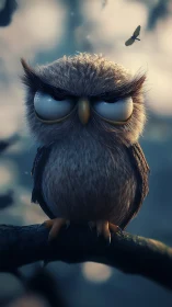 Stylized 3D owl model is perched on a branch at dusk
