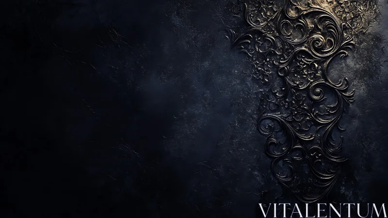 Ornate black metallic filigree on shadowed textured wall.