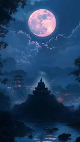 Monastic silhouette contemplates luminous pink moon over mist