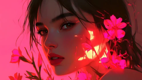 Digital portrait of woman with neon pink floral light.