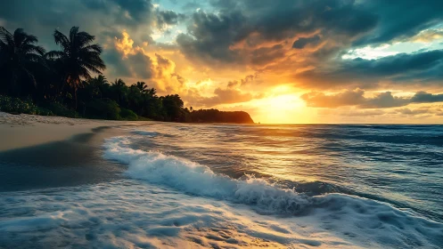 Tropical shoreline waves under a vibrant sunset sky glow.