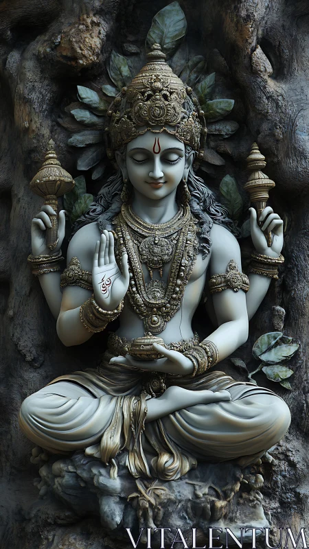 Highly detailed multi-armed deity sculpture in stone relief