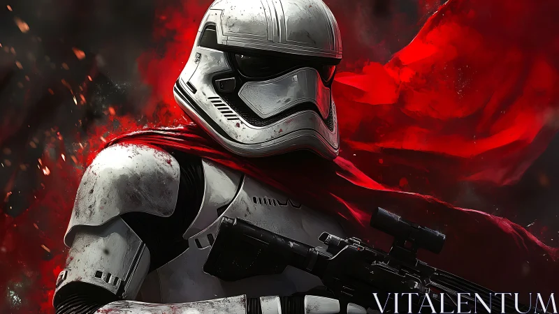 Armored sci fi soldier with rifle and flowing red cape.