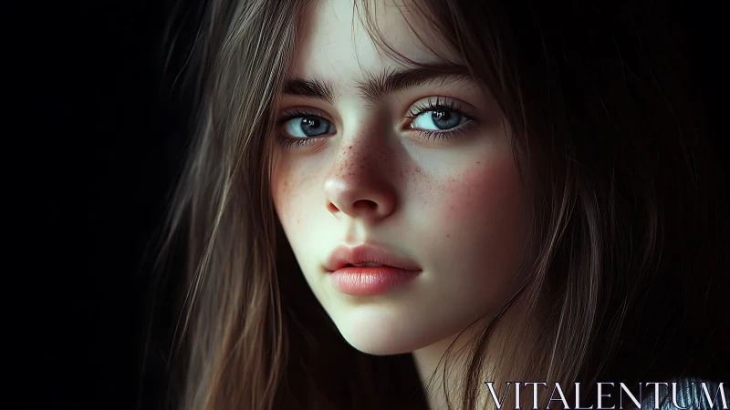 Soft-lit portrait reveals freckled skin and glassy eyes.