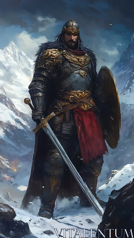 Armored warrior with sword in snowy mountain landscape.
