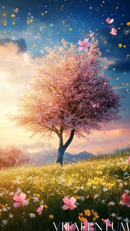 Blossoming cherry tree glows in an enchanted spring meadow.