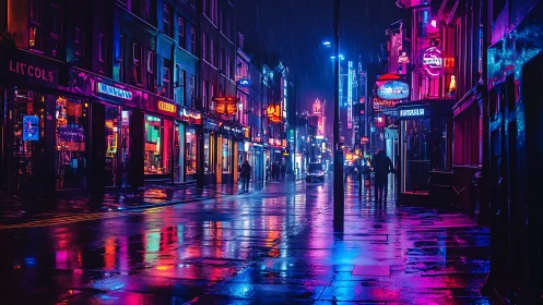 Neon rainstorm paints a midnight city street in liquid color.