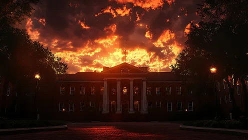 Sunset glow embracing a stately brick campus hall.