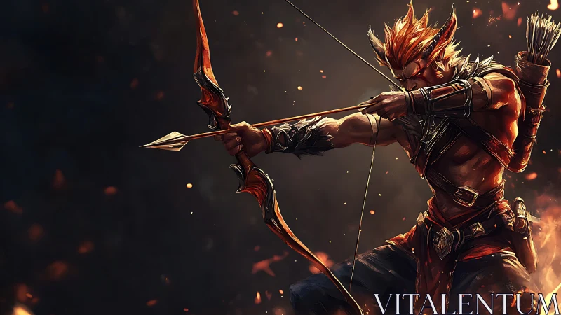 Flaming battle archer drawing composite recurve bow mid-release