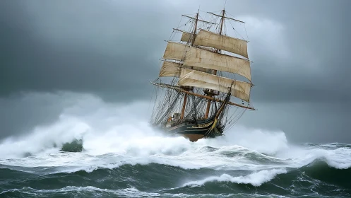 Square-rigged tall ship under storm-forced swell dynamics.
