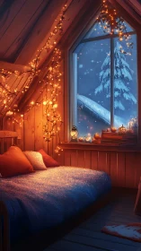 Cozy winter attic bedroom glowing with gentle candlelight.