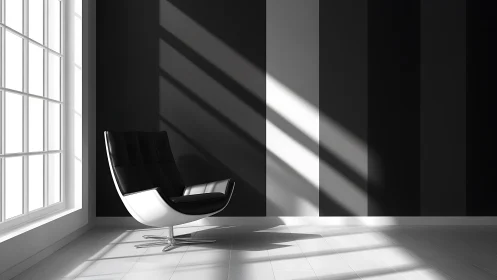 Modern lounge chair basks in striped monochrome light.
