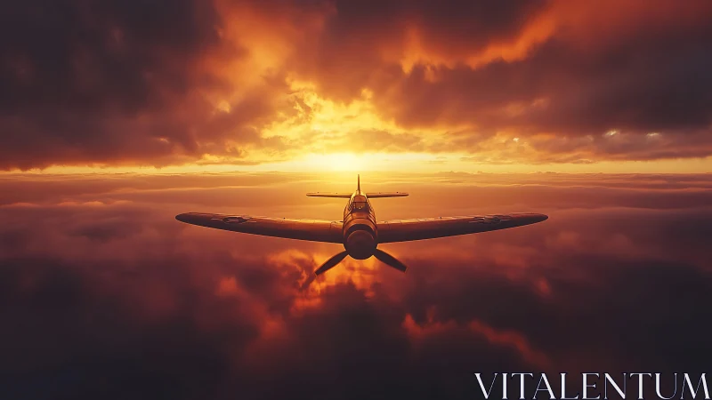 Single fighter plane flying into intense sunset sky.
