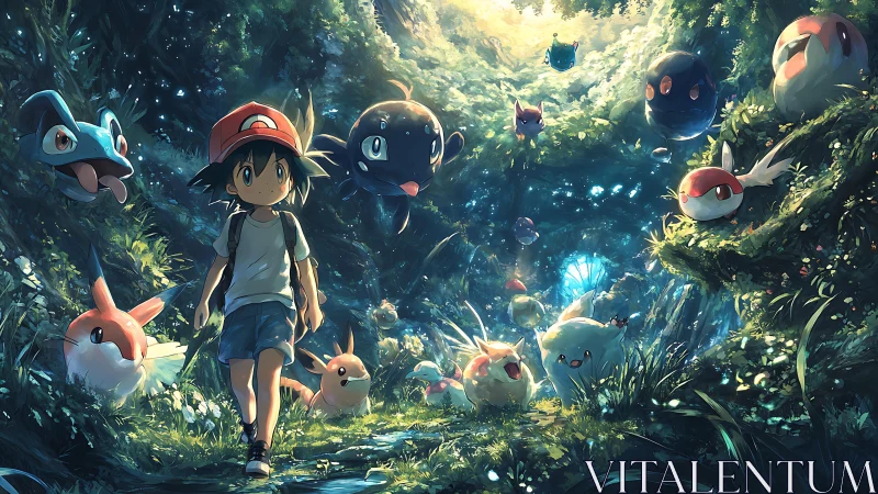 Anime trainer walks through luminous forest with floating creatures