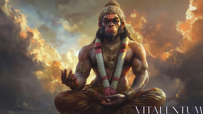 Mythic simian deity in meditative pose with volumetric cloud lighting