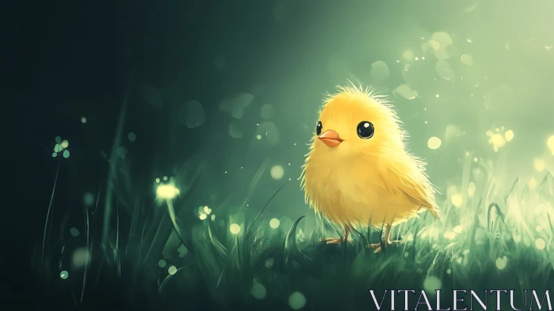 Luminous yellow chick in dewy meadow with bokeh glow.