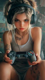 Focused gamer girl holding controller in headphones.