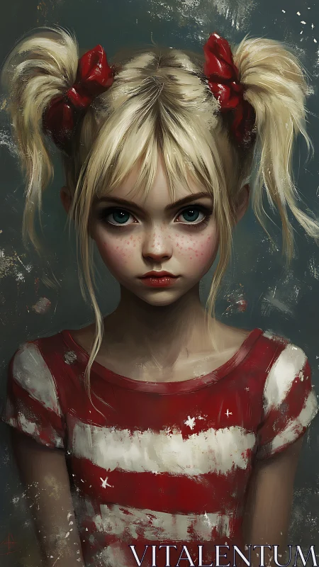 Blonde girl with pigtails stares forward in striped shirt