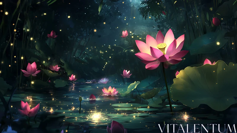 Enchanted lotus pond under glowing firefly night sky.