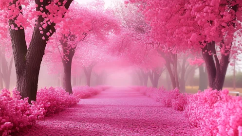 Sakura-lined pathway in saturated pink atmospheric perspective.