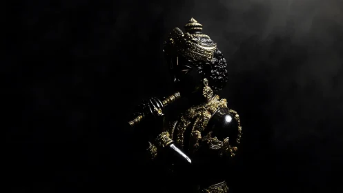 Dark-toned deity figure with flute in directional light.