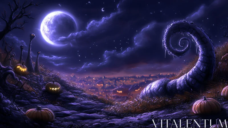 Moonlit pumpkin hillside watching a twinkling Halloween town.