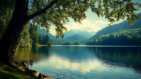 Gentle mountain lake rests beneath soft morning light