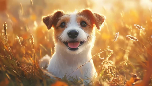Joyful terrier glows in warm golden autumn meadow light.
