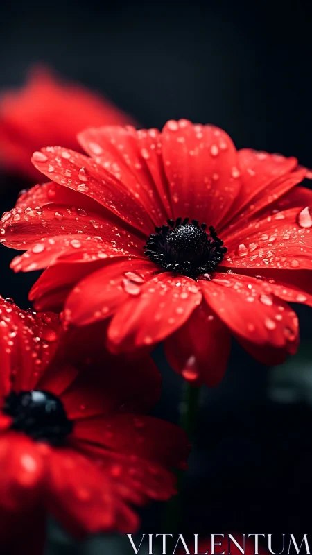 Red gerbera daisies with water droplets on dark background