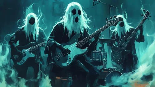 Ghostly rock band performing in eerie teal stage fog.