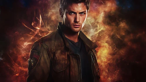 Brooding space adventurer framed by swirling cosmic fire.