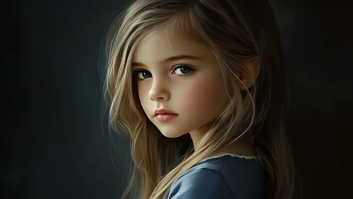 Young Girl with Thoughtful Expression and Flowing Hair.
