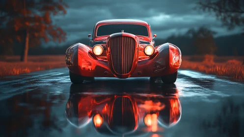 Red vintage coupe on wet country road at dusk.