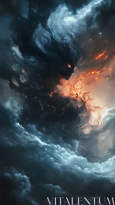 Celestial shadow entity emerges from turbulent nebula clouds