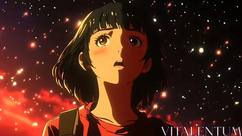 Stargazing anime girl in dramatic chiaroscuro against nebula sky