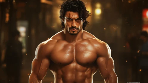Muscular warrior model under cinematic warm city lights.